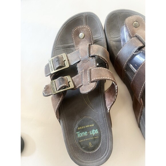 Skechers Tone Ups Slip On Strappy Sandals Brown Leather Size 8 Comfort Shape 39 - Picture 2 of 8